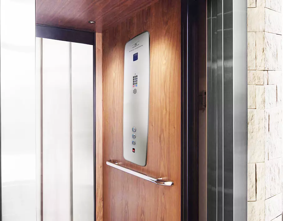 Elvoron home elevator with open doors showcasing the fixture in the cab