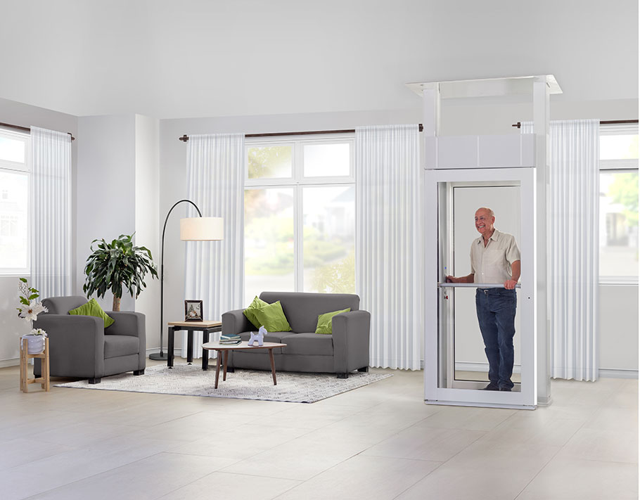 Man entering the LUMA Homelift in a stylish living room, showcasing its compact and elegant design