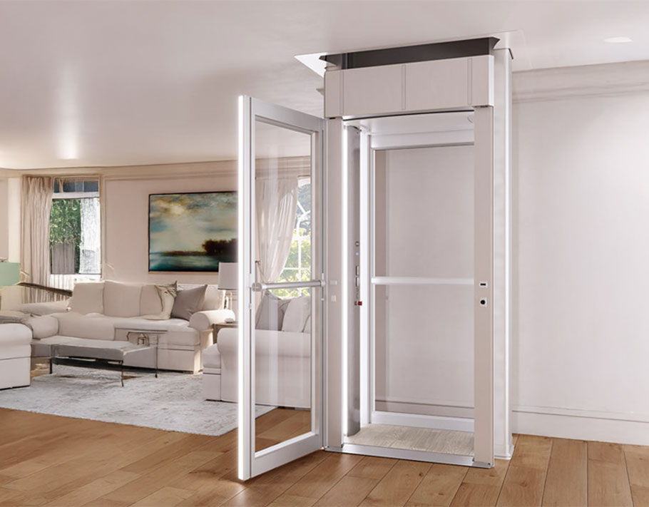 LUMA Homelift installed between two rooms in a modern open-concept home, emphasizing seamless integration