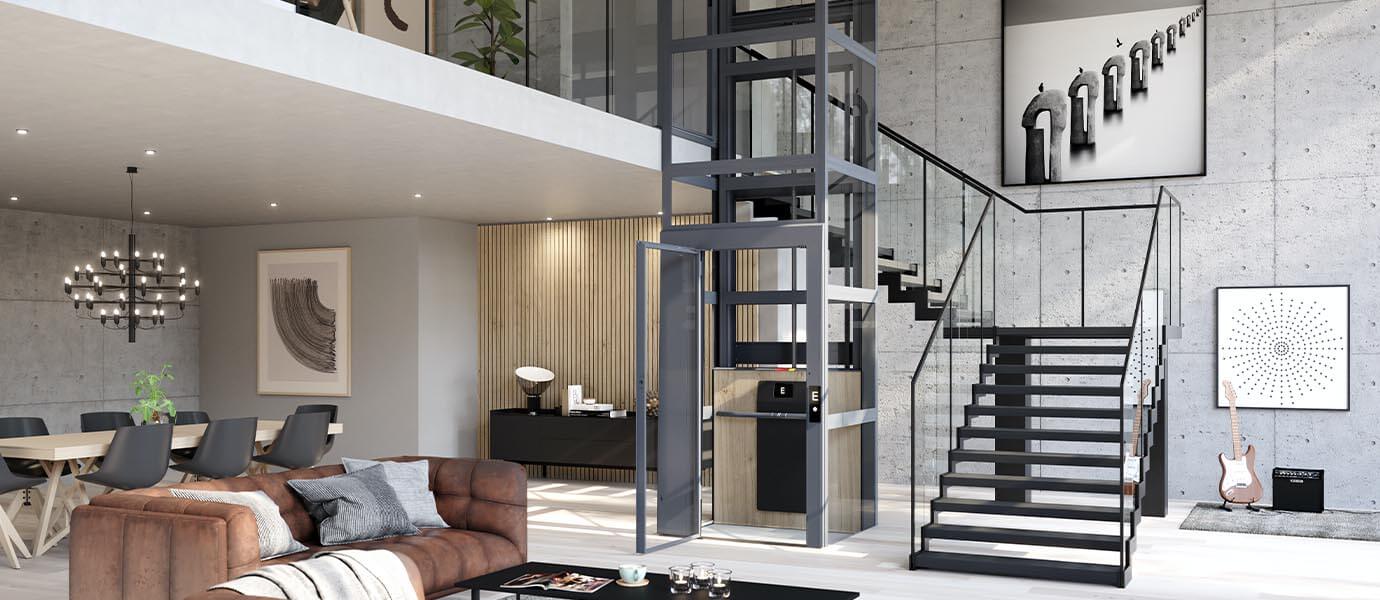 Eleganter Homelift in offenem Wohnbereich in Einfamilienhaus